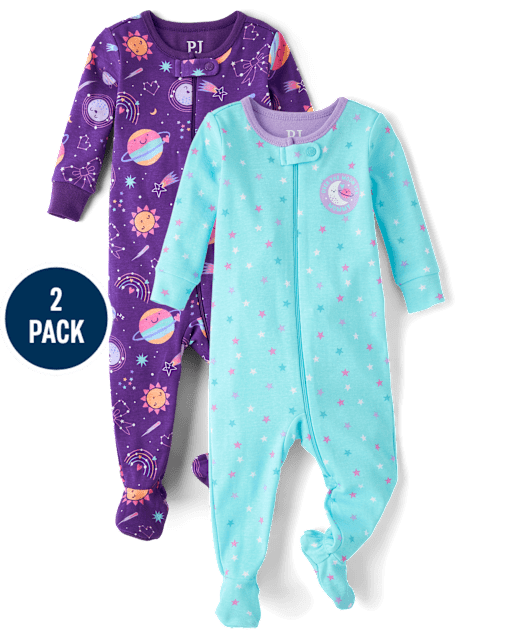 Baby And Toddler Girls Space Snug Fit Cotton Footed One Piece Pajamas 2-Pack