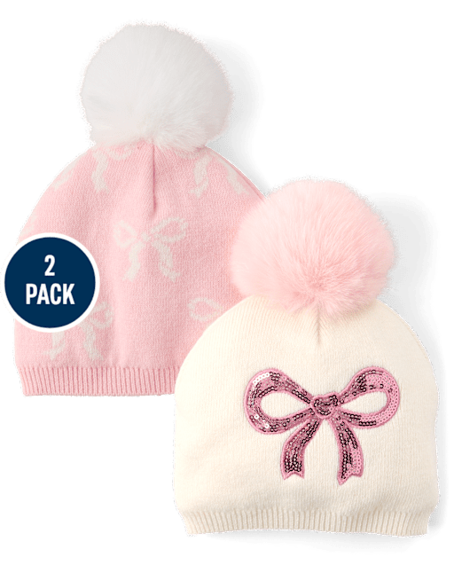 Toddler Girls Bow Pom Pom Beanie 2-Pack