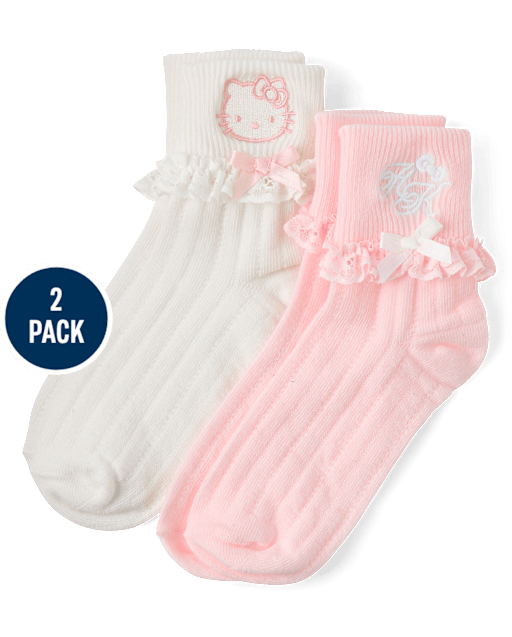 Girls Hello KittyÂ® Embroidered Ruffle Pointelle Turn Cuff Socks 2-Pack