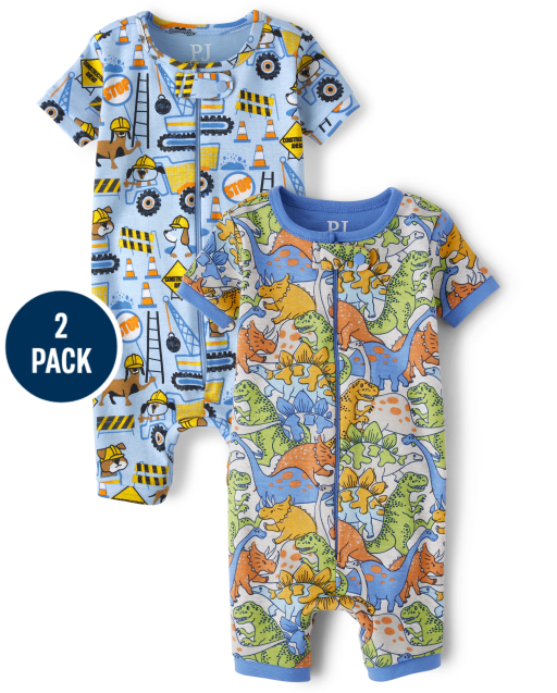 Baby And Toddler Boys Dino Construction Dog Snug Fit Cotton One Piece Pajamas 2-Pack