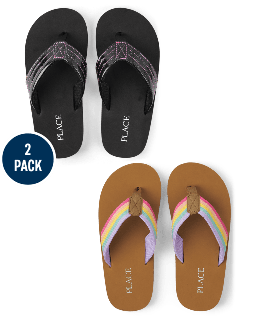 Girls Rainbow Striped Glitter Flip Flops 2-Pack