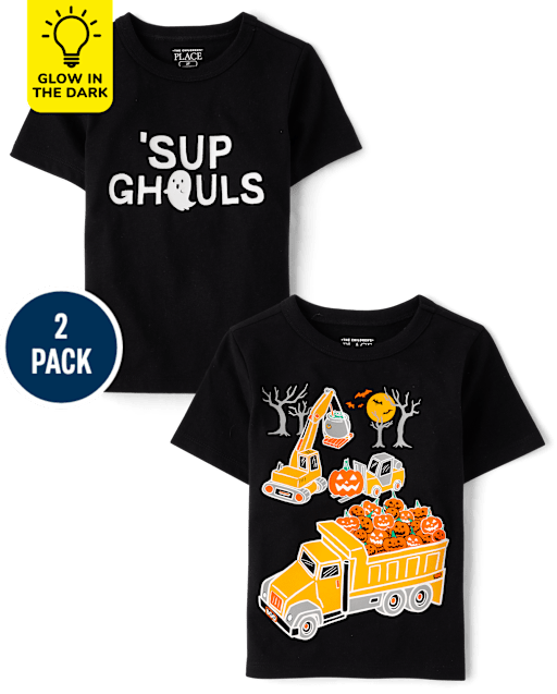 Baby And Toddler Boys Glow Halloween Construction Graphic Tee 2-Pack