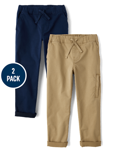 Boys Stretch Roll Cuff Pull On Chino Pants 2-Pack