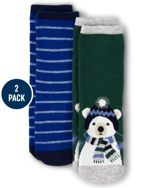 Boys Polar Bear And Striped Crew Socks 2-Pack - Polar Party