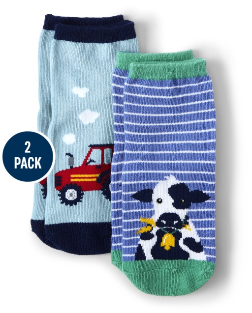 Boys Cow And Tractor Midi Socks 2-Pack - Farming Friends
