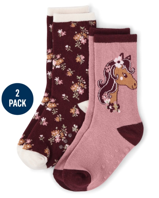 Girls Horse And Floral Print Crew Socks 2-Pack - County Fair
