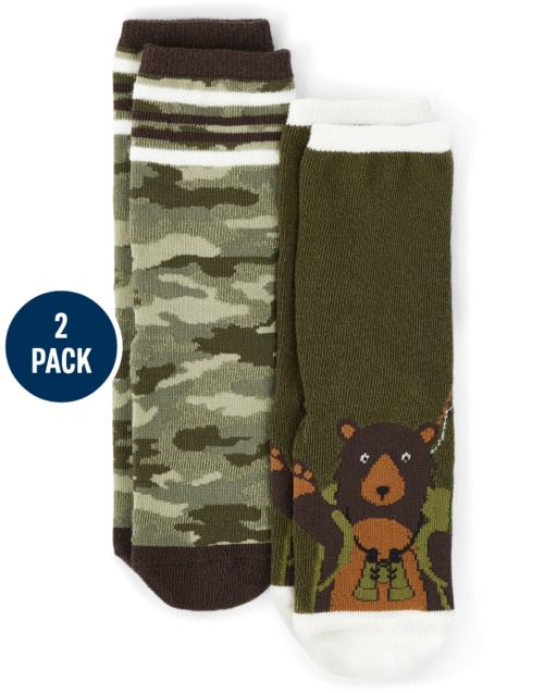 Boys Bear And Camo Print Crew Socks 2-Pack - S'more Fun