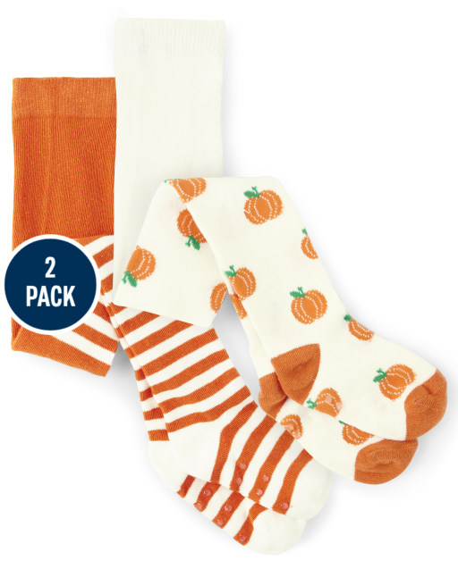 Girls Pumpkin Print And Striped Tights 2-Pack - Perfect Pumpkin