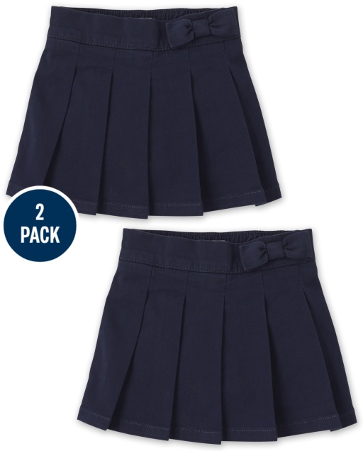 Toddler Girls Uniform Woven Stretch Bow Pleated Pull On Skort 2-Pack