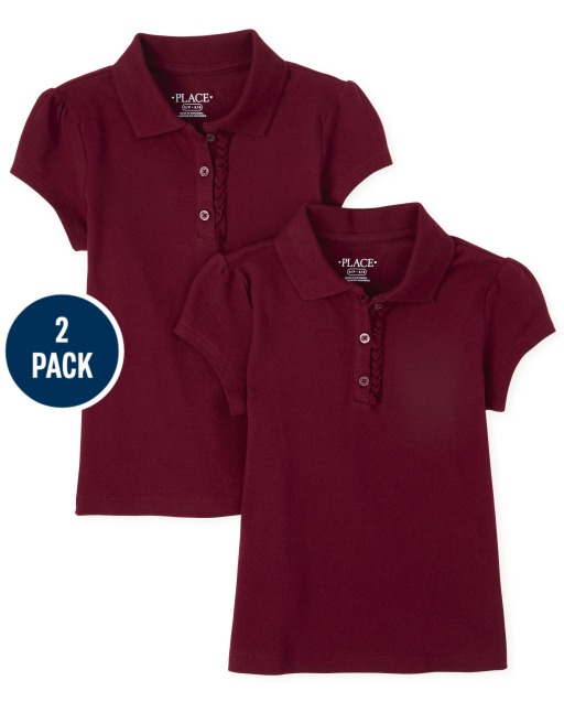 Girls Uniform Short Sleeve Ruffle Pique Polo 2-Pack