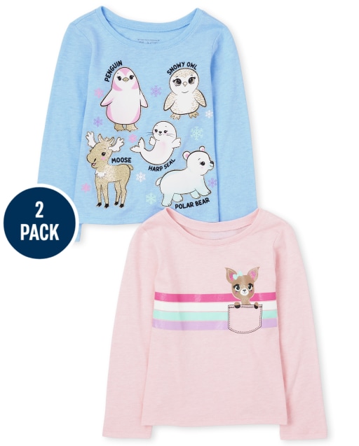 Toddler Girls Long Sleeve Animals Graphic Tee 2-Pack