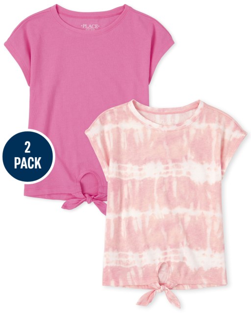 Girls Short Sleeve Solid And Print Tie Front Basic Layering Tee 2-Pack
