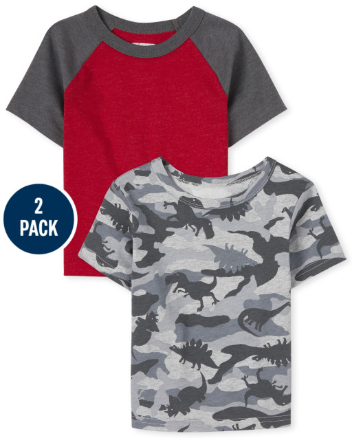 Baby And Toddler Boys Short Sleeve Dino Camo Print And Raglan Top 2-Pack