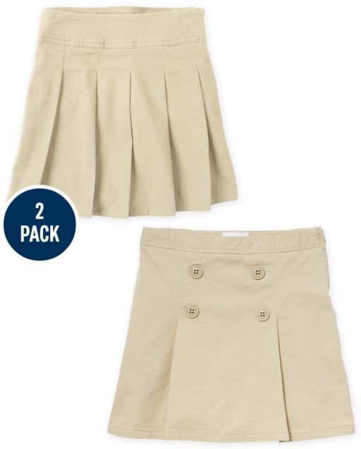 Girls Uniform Stretch Woven Pleated Skort And Uniform Stretch Woven Button Skort 2-Pack