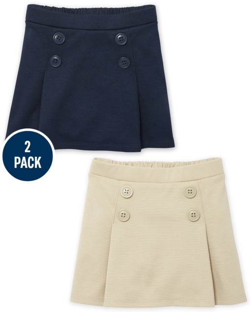 Paquete de 2 faldas pantalón con botones de punto elástico de uniforme para niñas pequeñas
