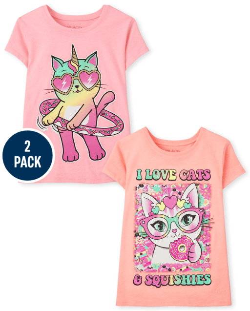 Girls Short Sleeve Cats Graphic Tee 2-Pack