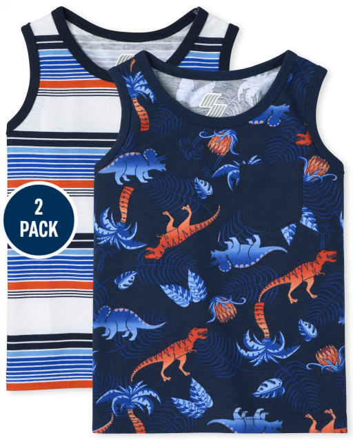 Toddler Boys Mix And Match Sleeveless Dino Striped Tank Top 2-Pack