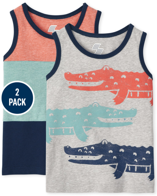 Toddler Boys Mix And Match Sleeveless Colorblock And Alligator Tank Top 2-Pack