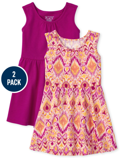 Toddler Girls Sleeveless Print Knit Tank Dress 2-Pack