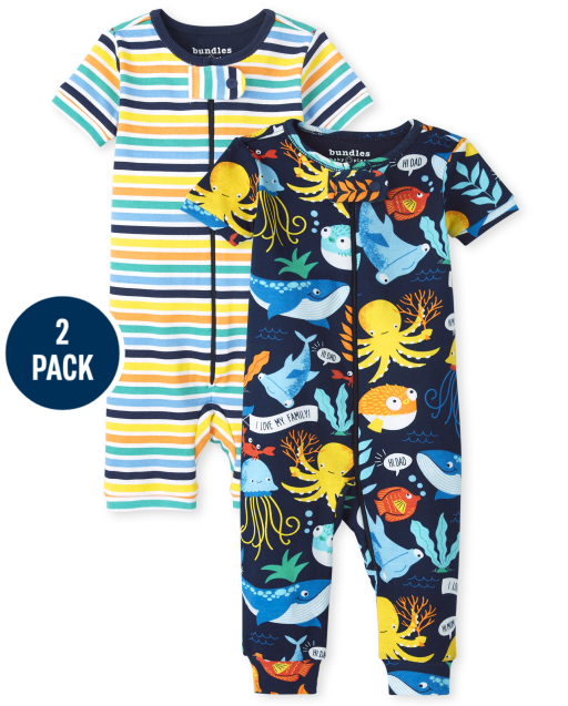 Paquete de 2 pijamas de una pieza de algodón de ajuste ceñido a rayas y vida marina de manga corta para bebés y niños pequeños