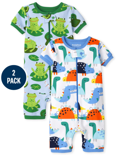 Baby And Toddler Boys Short Sleeve Dino And Frog Print Snug Fit Cotton Cropped One Piece Pajamas 2-Pack
