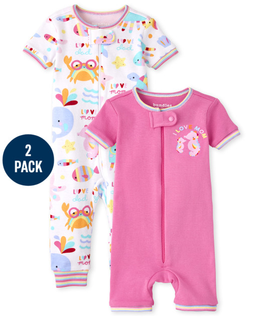 Paquete de 2 pijamas de una pieza de ajuste ceñido Sea Life de manga larga y corta para bebés y niñas pequeñas