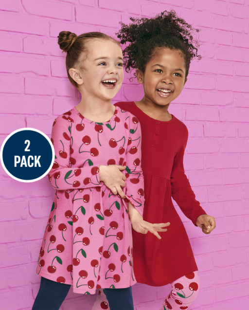 Toddler Girls Long Sleeve Cherry Print And Solid Henley Knit Babydoll Dress 2-Pack