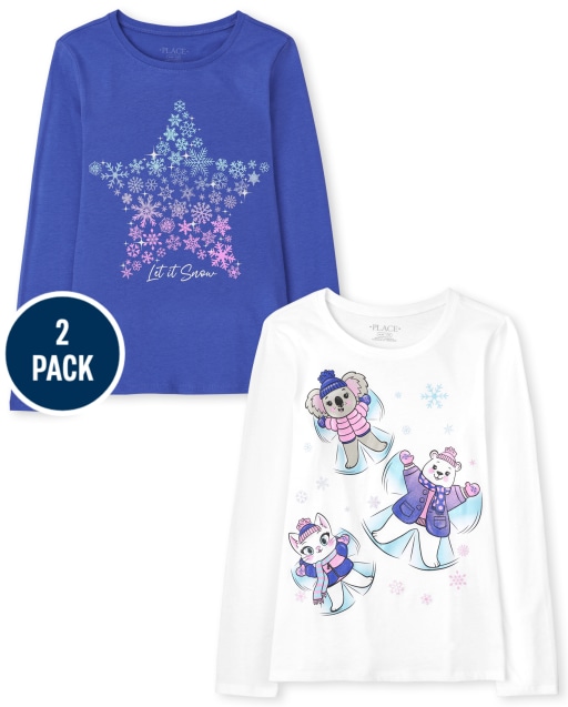 Girls Long Sleeve Snow Graphic Tee 2-Pack