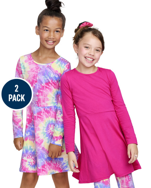 Girls Long Sleeve Print Knit Skater Dress 2-Pack