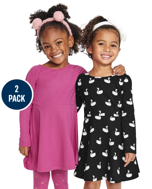 Paquete de 2 vestidos de patinadora de punto con estampado de cisne y liso de manga larga para niñas pequeñas
