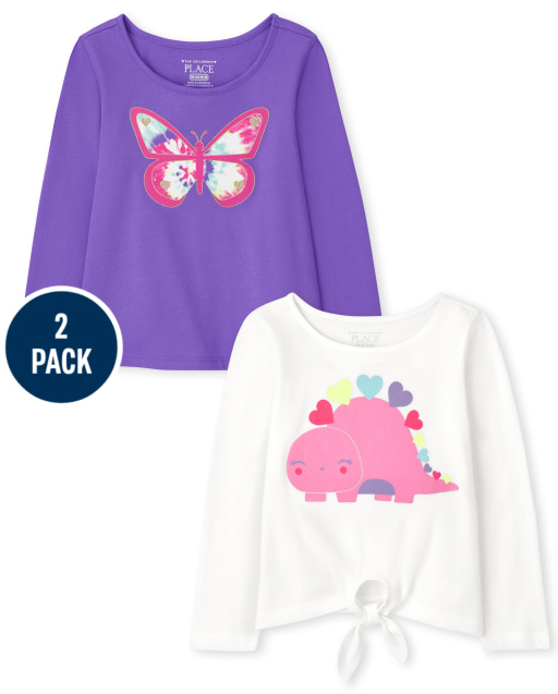 Toddler Girls Long Sleeve Dino Tie Front Top And Butterfly Graphic Top 2-Pack