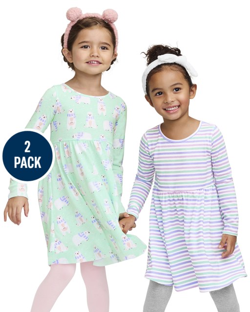 Toddler Girls Long Sleeve Polar Bear Print And Striped Knit Skater Dress 2-Pack