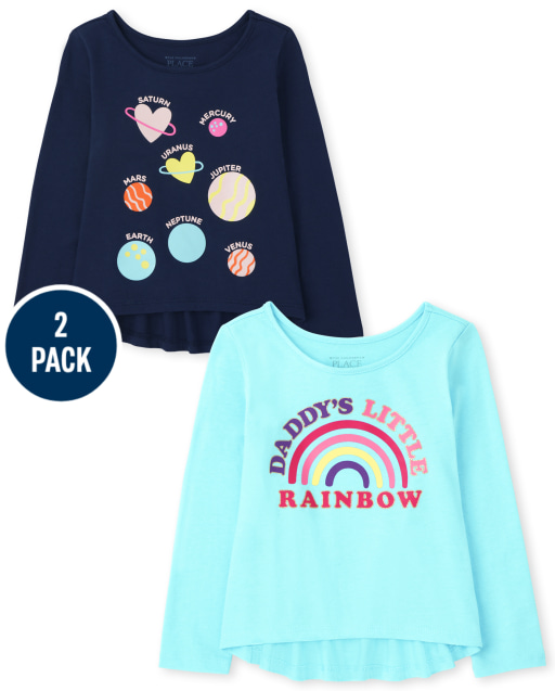 Toddler Girls Long Sleeve Planets And 'Daddy's Little Rainbow' Graphic Trend Top 2-Pack
