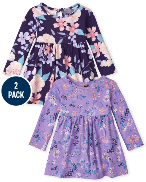 Baby Girls Long Sleeve Floral Print Knit Bodysuit Dress 2-Pack
