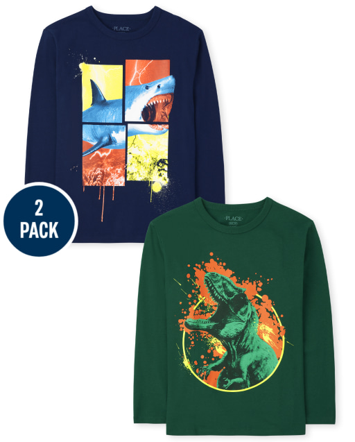 Pack de 2 camisetas de manga larga con gráfico de dinosaurio y tiburón para niños