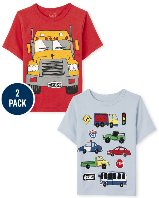 Paquete de 2 camisetas con gráfico de vehículo para niños pequeños