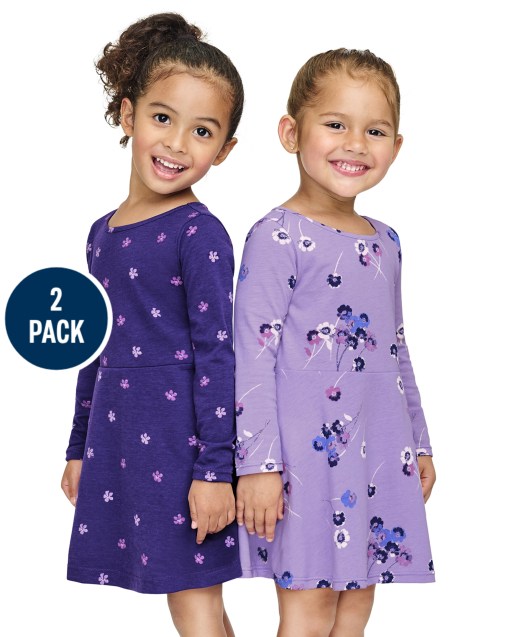 Toddler Girls Long Sleeve Floral Print Knit Skater Dress 2-Pack