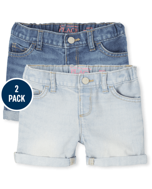 Paquete de 2 pantalones cortos de mezclilla con puños enrollados para niñas pequeñas