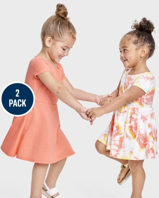 Toddler Girls Short Sleeve Tie Dye And Solid Skater Dress 2-Pack
