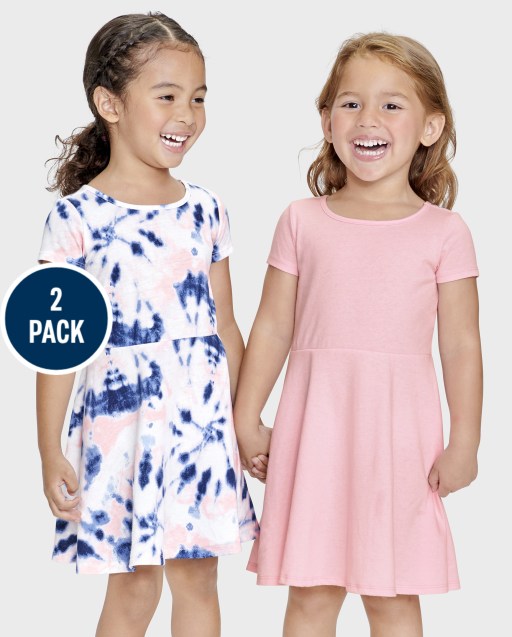 Toddler Girls Short Sleeve Tie Dye And Solid Skater Dress 2-Pack