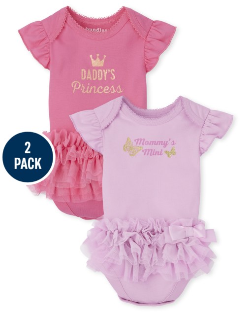 Baby Girls Short Ruffle Sleeve 'Mommy's Mine' And 'Daddy's Princess' Tutu Bodysuit 2-Pack