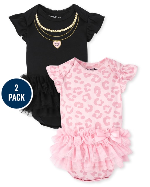 Baby Girls Short Ruffle Sleeve Necklace And Leopard Tutu Bodysuit 2-Pack