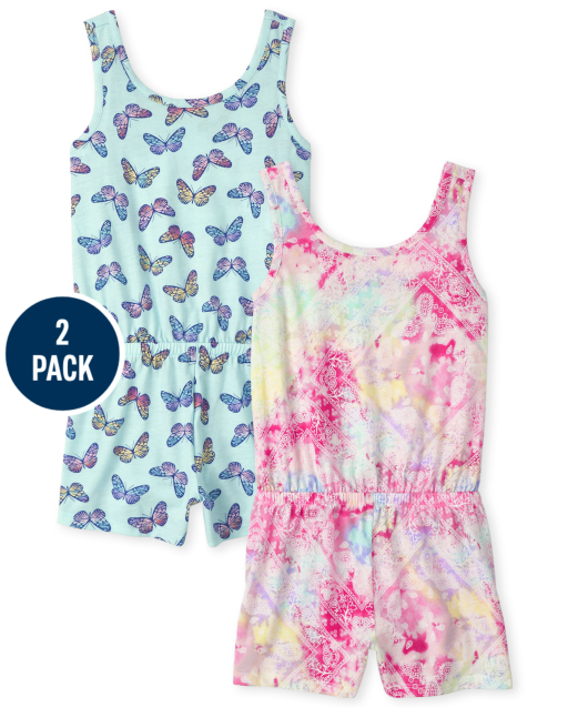 Girls Sleeveless Print Knit Romper 2-Pack