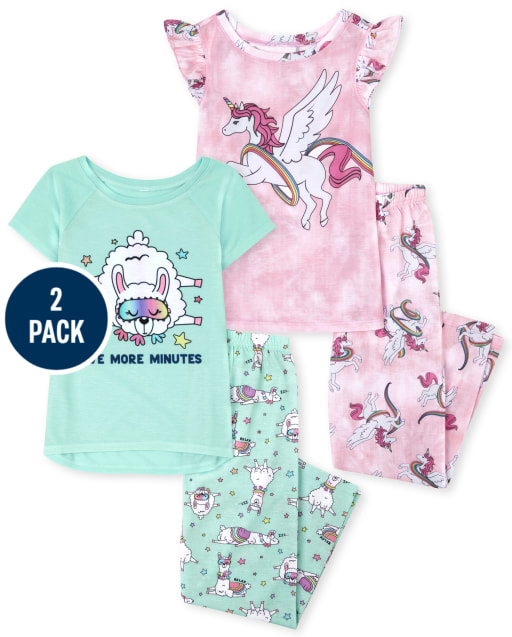 Girls Short Raglan Sleeve Unicorn And 'Five More Minutes' Llama Pajamas 2-Pack