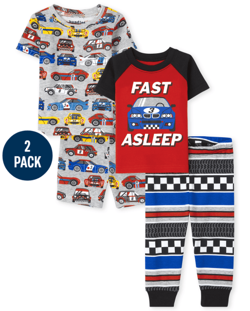Paquete de 2 pijamas de algodón de ajuste cómodo para bebés y niños pequeños de manga corta 'Fast Dormido' y Racecar