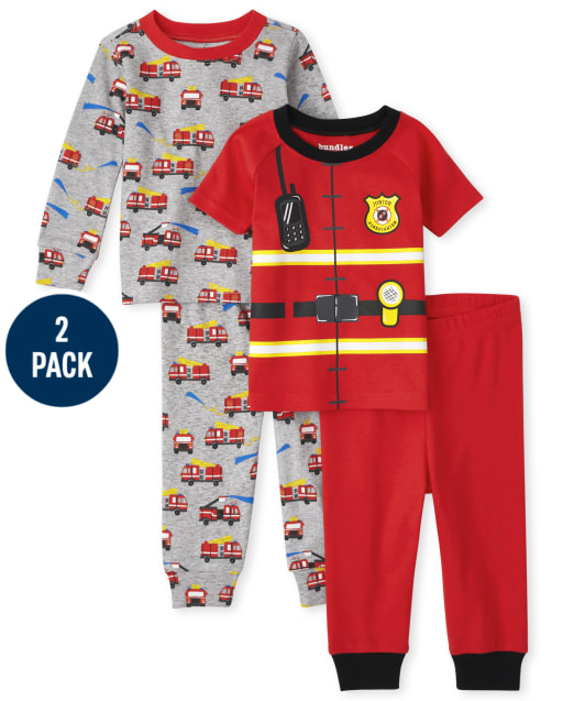 Paquete de 2 pijamas unisex de algodón con mangas raglán cortas para bebés y niños pequeños de bombero y camión de bomberos de manga larga