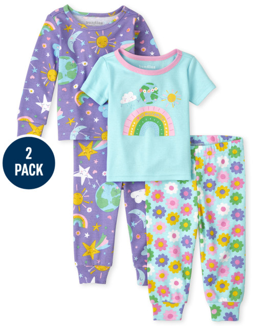 Baby And Toddler Girls Short Sleeve 'One World' Earth And Long Sleeve Weather Snug Fit Cotton Pajamas 2-Pack