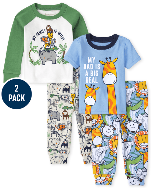 Paquete de 2 pijamas unisex de algodón con ajuste ceñido Animal Safari para bebés y niños pequeños