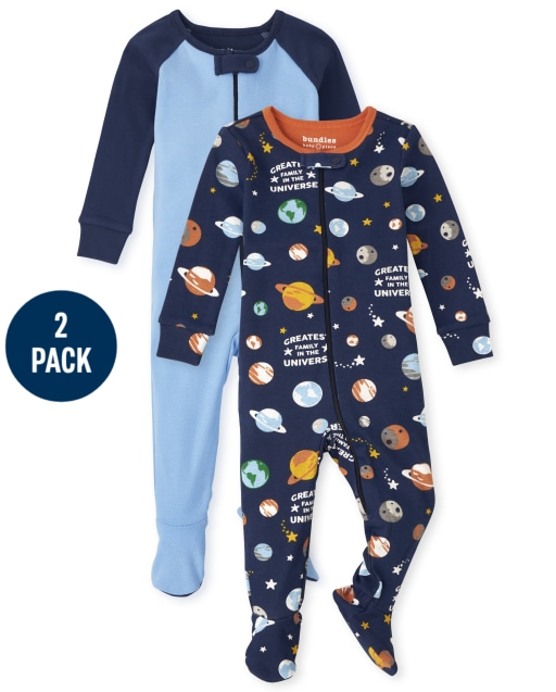 Paquete de 2 pijamas de una pieza de algodón de ajuste cómodo espacial de manga larga para bebés y niños pequeños