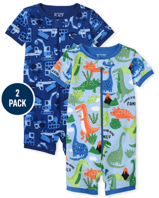 Paquete de 2 pijamas de una pieza de algodón con ajuste ceñido de Dino y camión de manga corta para bebés y niños pequeños "I Have A Roar-Some Family"